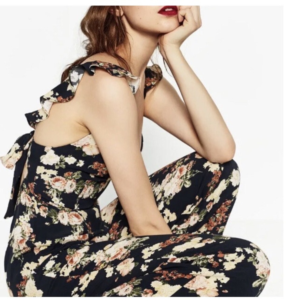 Zara Navy Blue Floral Ruffle Sleeveless Backless Wide Leg Jumpsuit XS NWT